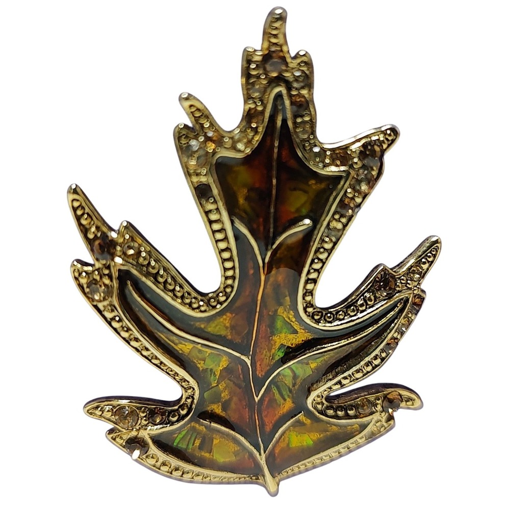 Vintage Signed LC Liz Claiborne Enamel Rhinestone Leaf Brooch Pin